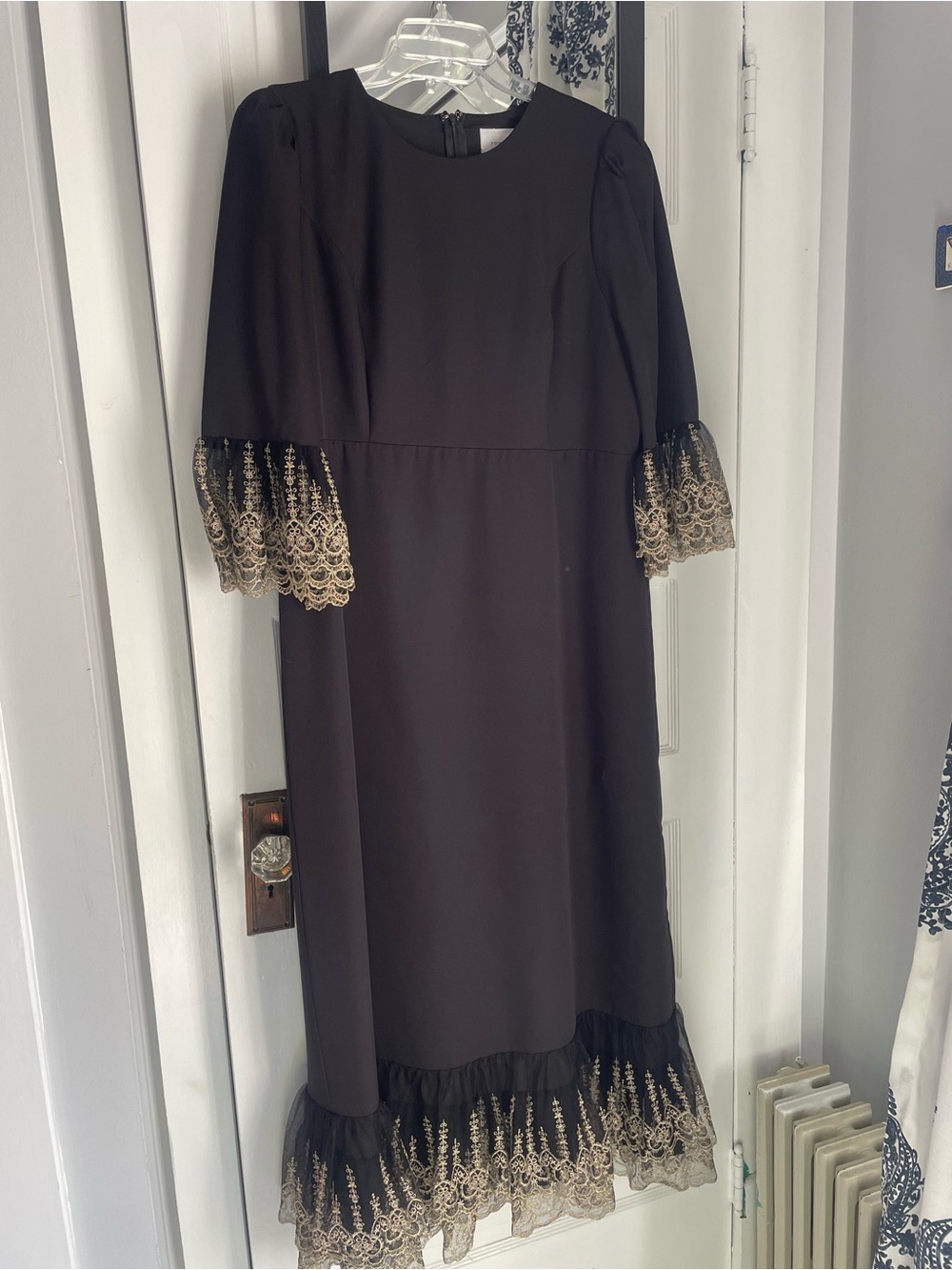 Pomander Place Elegant Black Dress with Gold Lace Trim